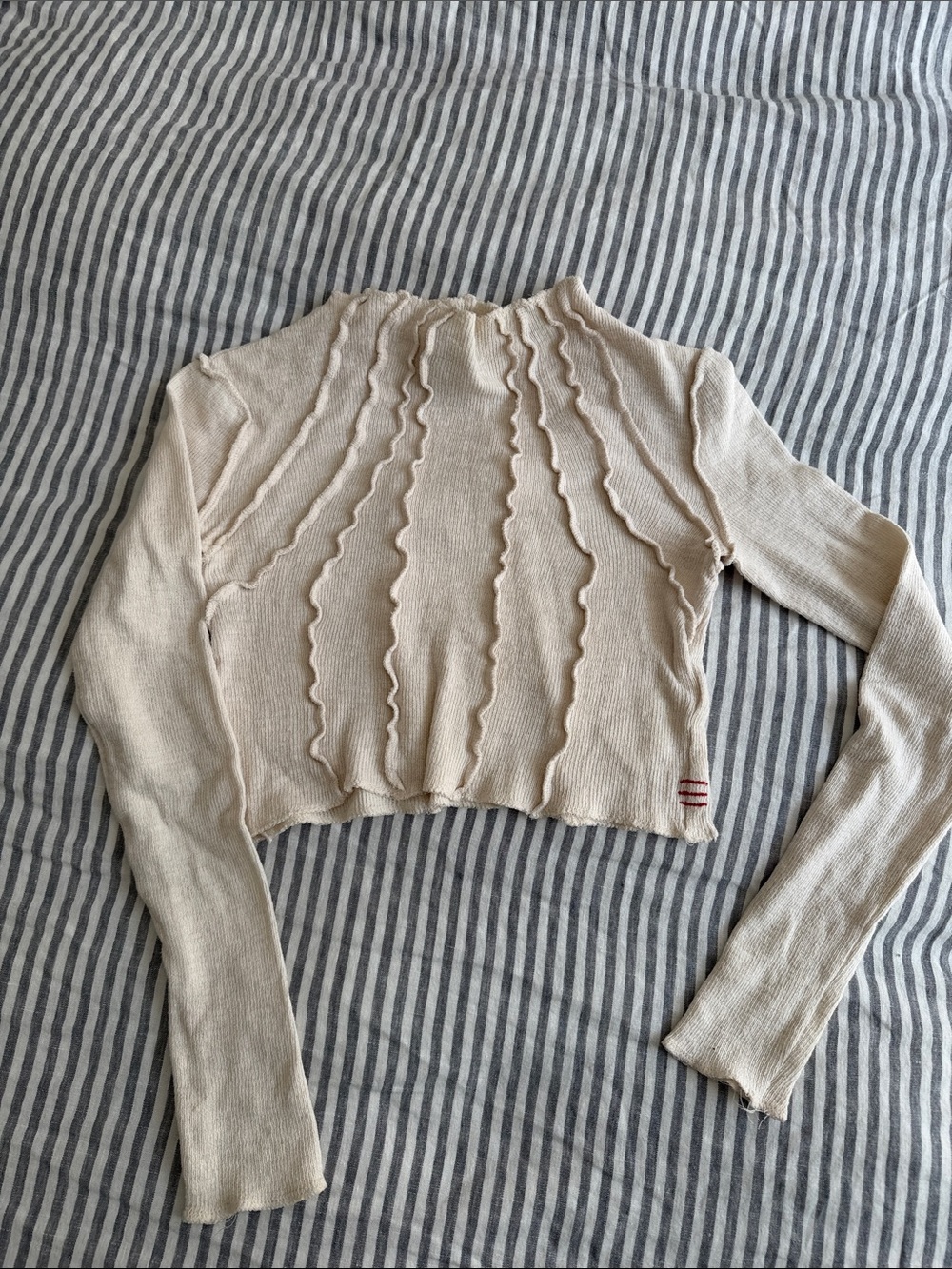 BDG Cream Cropped Ruffle-Trim Long Sleeve Top
